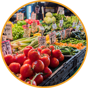 A produce stand at a farmer's market.